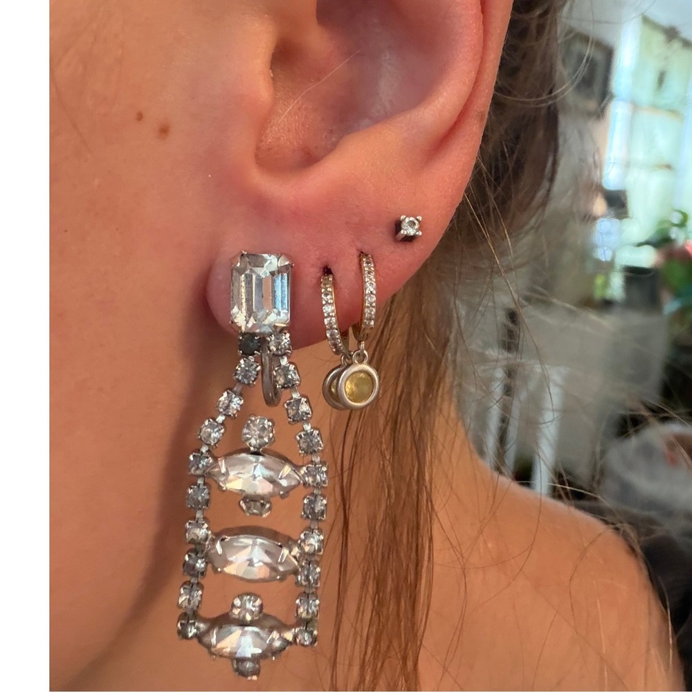 Vintage Rhinestone Chandelier Dangle Earrings Clip On Marquise Emerald Cut 2" 8g - Picture 2 of 8